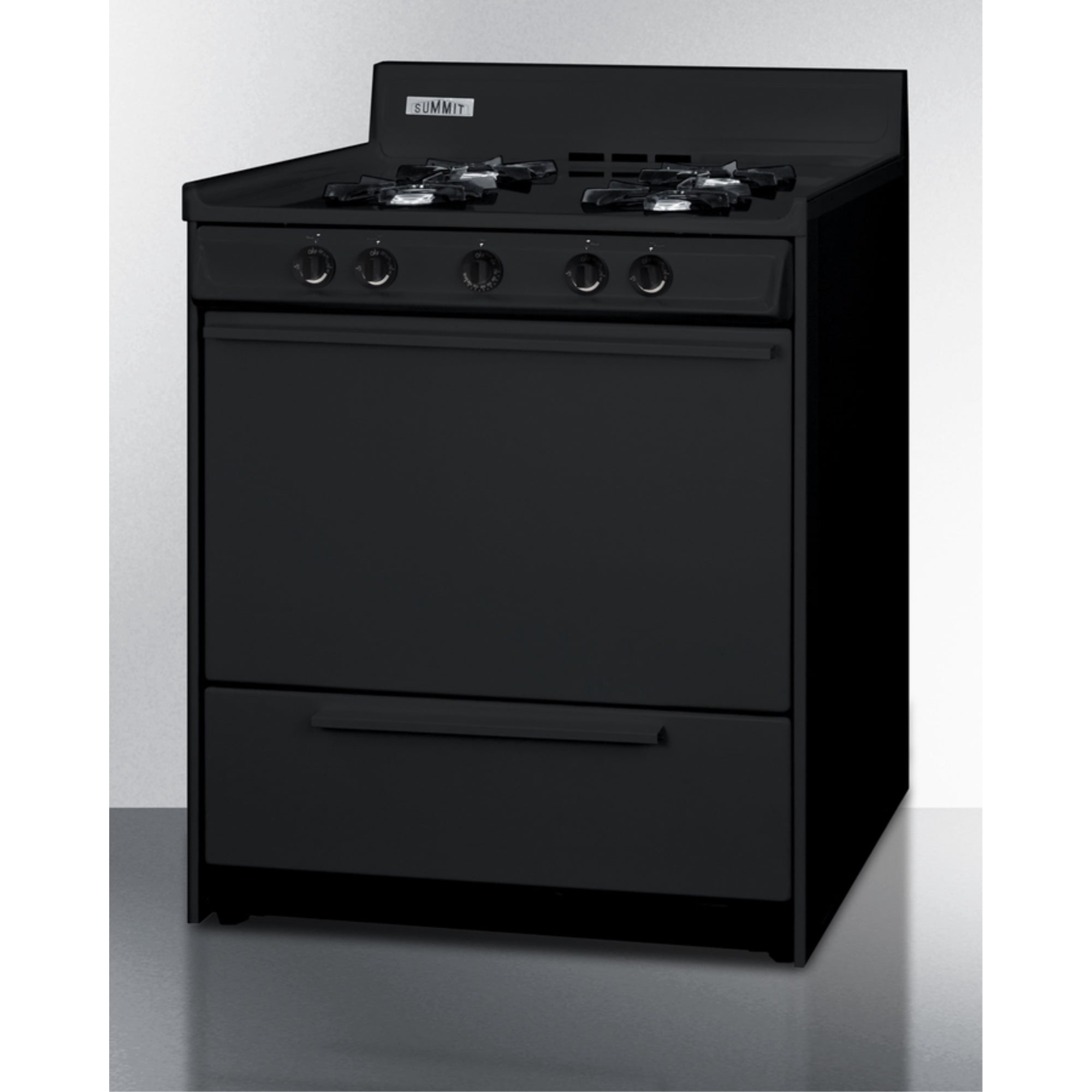 30" wide gas range in black, open burners