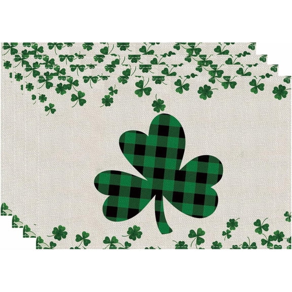 St. Patrick's Day Placemats Set of 4 - Green Beige Shamrock Buffalo Plaid Faux Leather Place Mats for Spring Irish Kitchen Table Washable Non-Slip Heat Resistant Placemat Wipeable Dining Table Mats