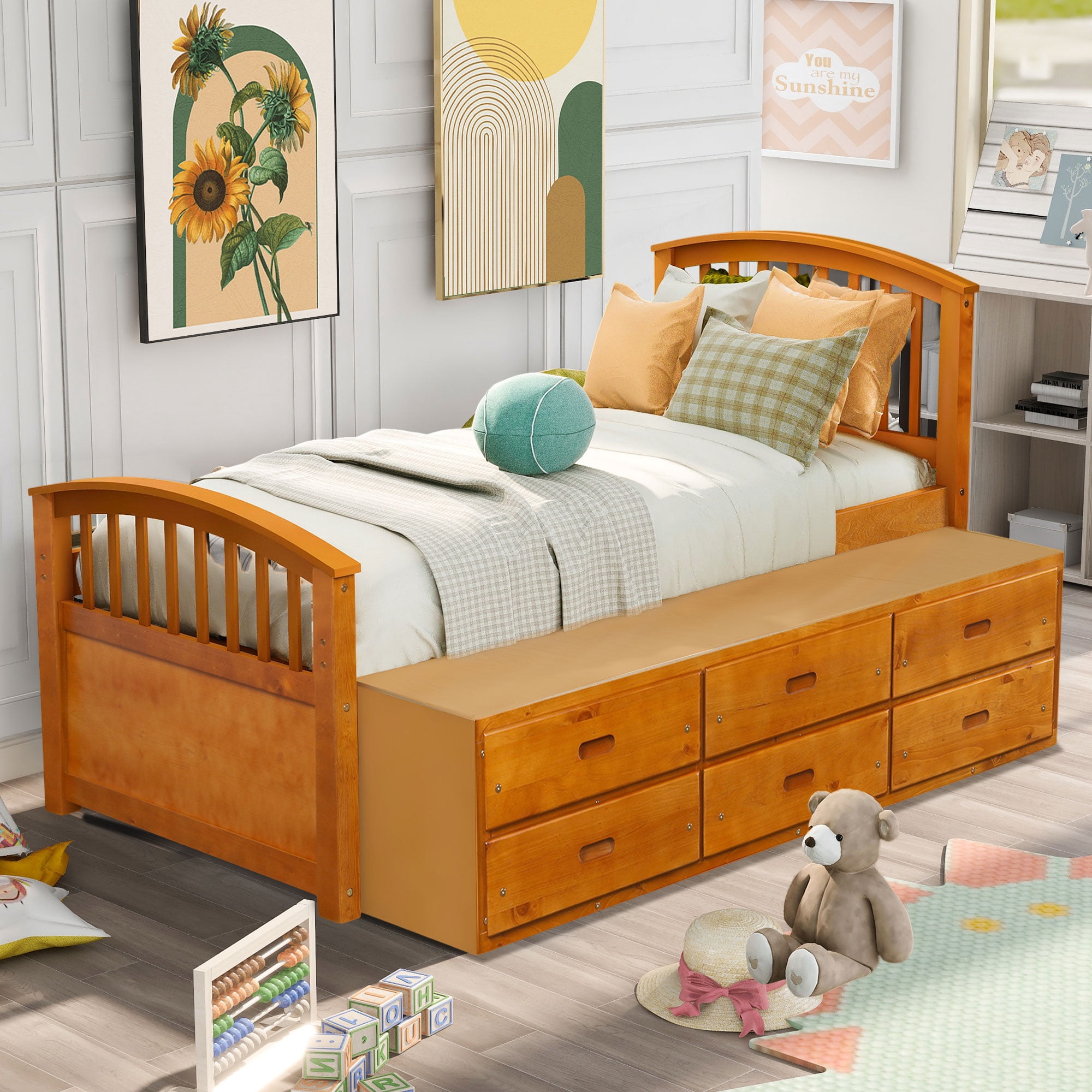 Aukfa 6 Drawers Platform Storage Bed, Solid Wood Captain Bed, Twin Size - Oak