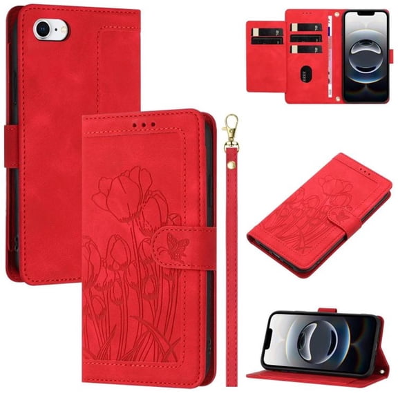 Leather For Apple iPhone 17e / 16e Case Orchids&Butterflies Embossed 5-card  Flip Wallet Leather Case With Card Holder Magnetic Closure Phone Cases Cover With Hand Strap,Red,For iPhone 17e / 16e