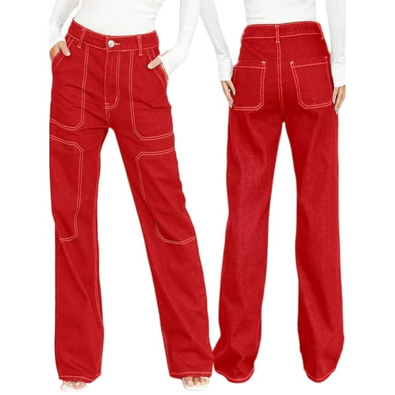 High Waist Straight Leg Jeans, Red with Contrast Stitching, Wide Leg Style (US, Alpha, Small, Regular, Regular, Red)