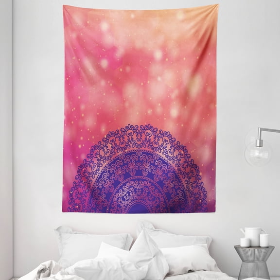Mandala Tapestry, Sacred Universe Tribal Ethnic Henna on Bokeh Background Folk Motif, Wall Hanging for Bedroom Living Room Dorm Decor, 60W X 80L Inches, Dark Coral Purple Indigo, by Ambesonne