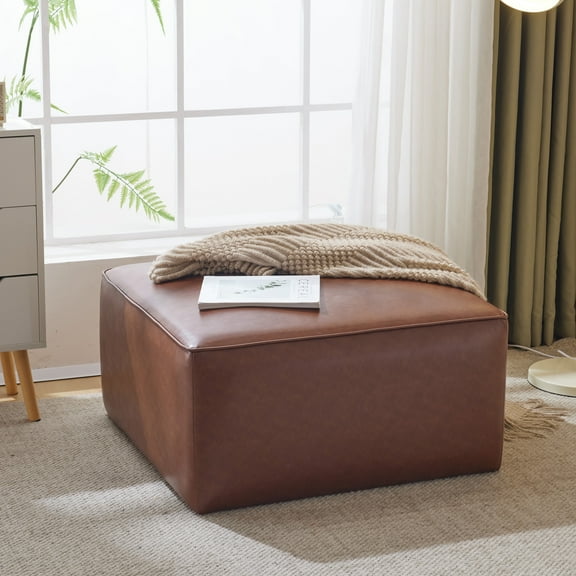 GDF Studio Modern PU Square Ottoman, Dense Foam Padding, Light Brown
