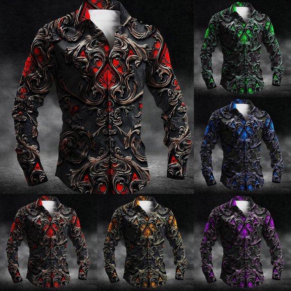 Mens Shirts Casual Carnival Gothic Festival Print Long Sleeve Top Dark Style Comfortable Shirt for Men Blue L