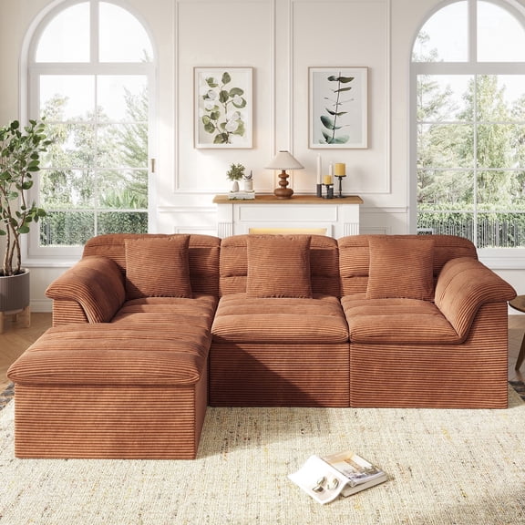 COPIAE 112" Modular Cloud Sectional Couch with Ottoman, Modern Upholstered Compressed Sofa with Deep Seat, Comfy L-Shape Corduroy Couches for Living Room, No Assembly Required, Toffee