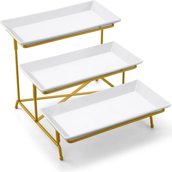 Gnwei Large 3 Tier Serving Stand Tiered Serving Trays Collapsible Sturdier Rack with 3 Porcelain Serving Platters for Fruit Dessert Presentation Christmas Party Display Set, 14 Inch