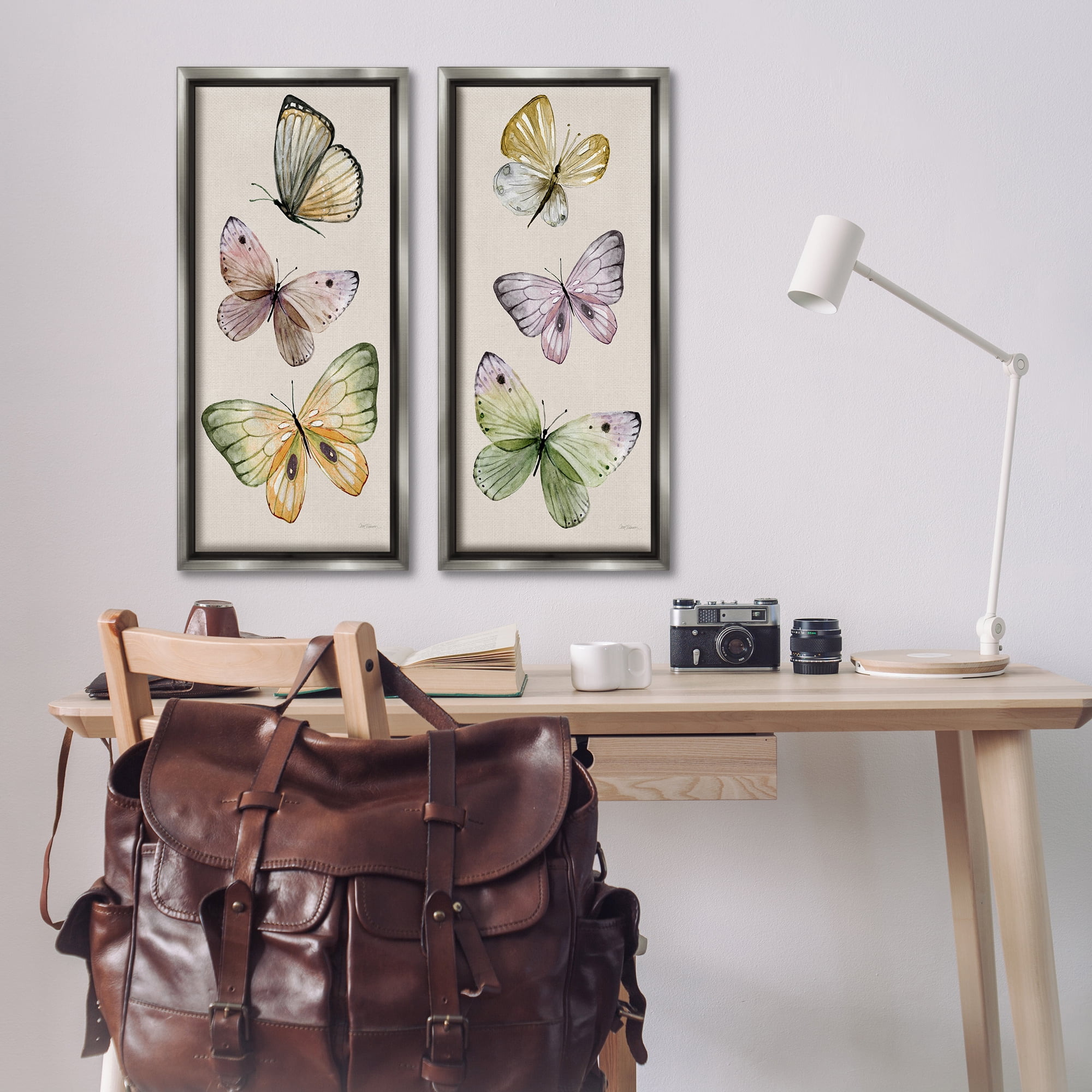 Stupell Industries Delicate Winged Butterfly Trio Animals Painting Gray Floater Framed Canvas Art Print Wall Art, 14 x 31, Set of 2