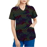 Snorda Womens Scrubs Tops Short Sleeve V-neck Tops Working Uniform Tie-Dye Gradient Rainbow Floral Print With Fours Pockets Clearance