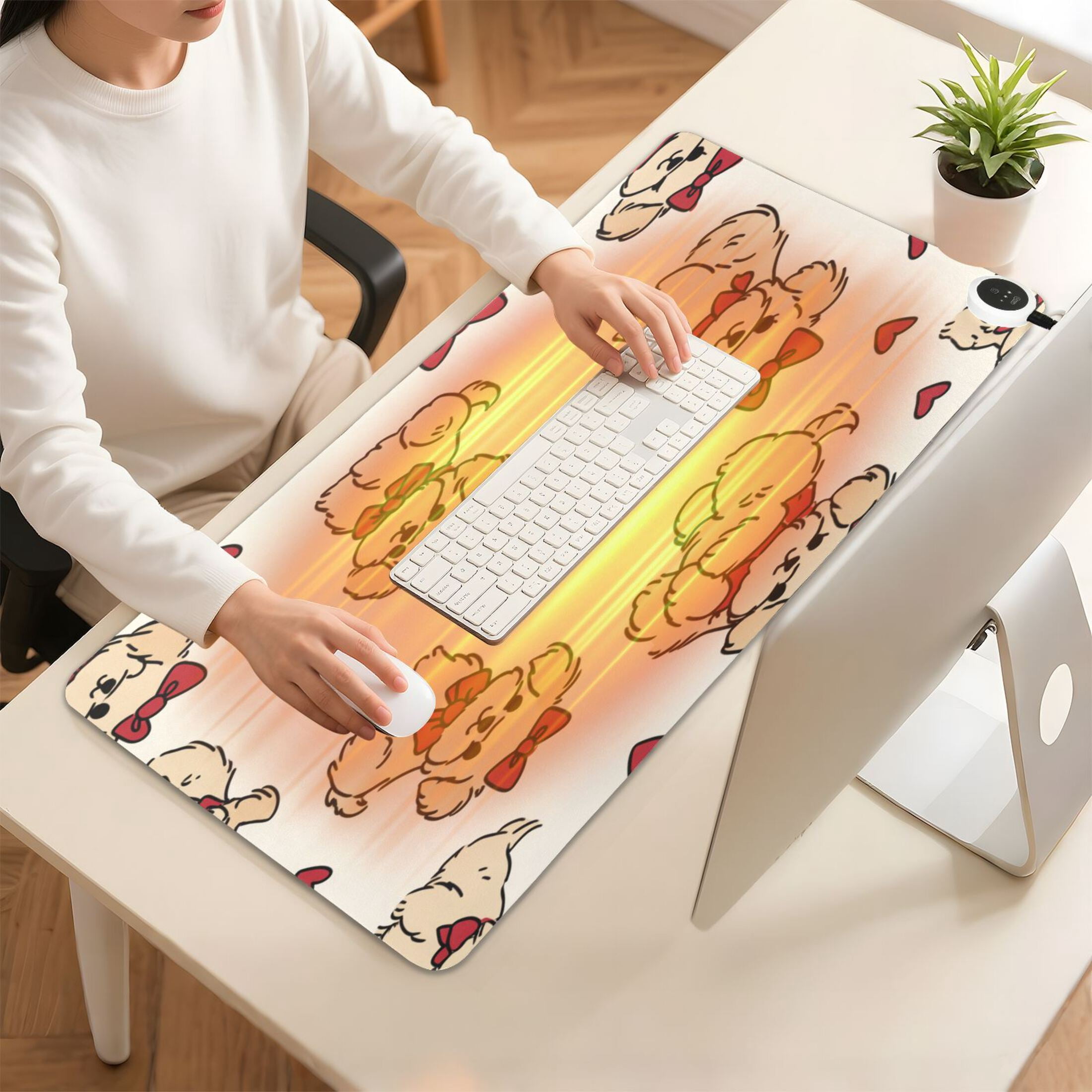Large Heated Desk Mat Mouse Pad 31.5"x13"PU Leather Graphene Heating Desk Warmer with 3 Temperature Settings 110V US Plug Non-Slip Warm Pad for Home, Office, and Gaming Whimsical Puppy Bow Pattern