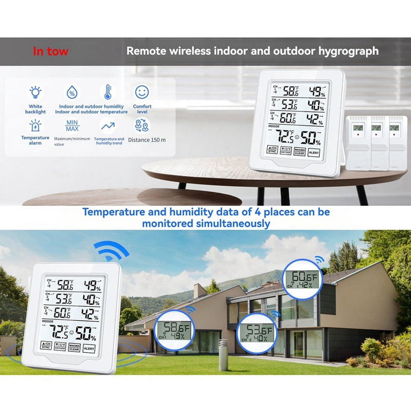 Digital Thermometer & Hygrometer Indoor Humidity with 3 Sensor Screen Display White Backlit Large Screen Recorder