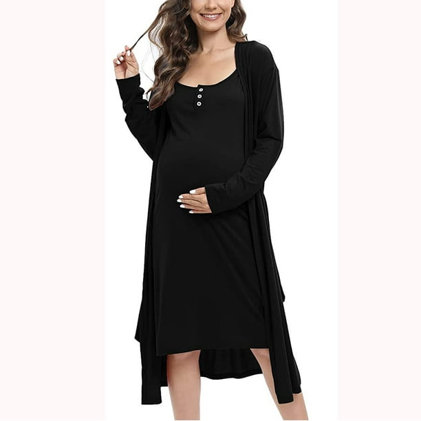 WBQ Women's 2 Piece Maternity Nursing Nightgown Robe Set Button Down