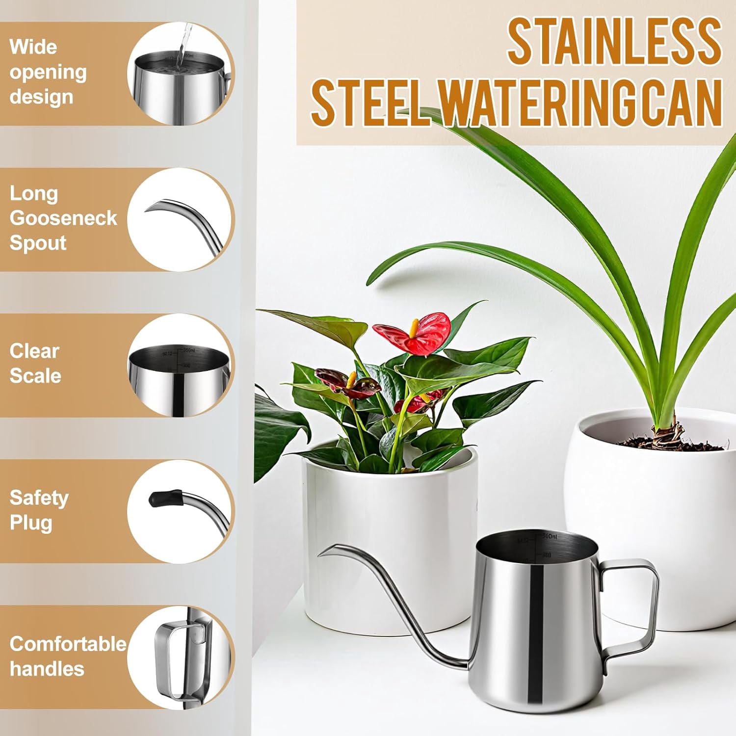 2 Pcs Small Watering Can for Indoor Plants, 12 Oz/350 ml Mini Plant Pot with Long Spout and Scale 304 Stainless Steel Tiny Watering-can Outdoor Plants Garden(Sliver)