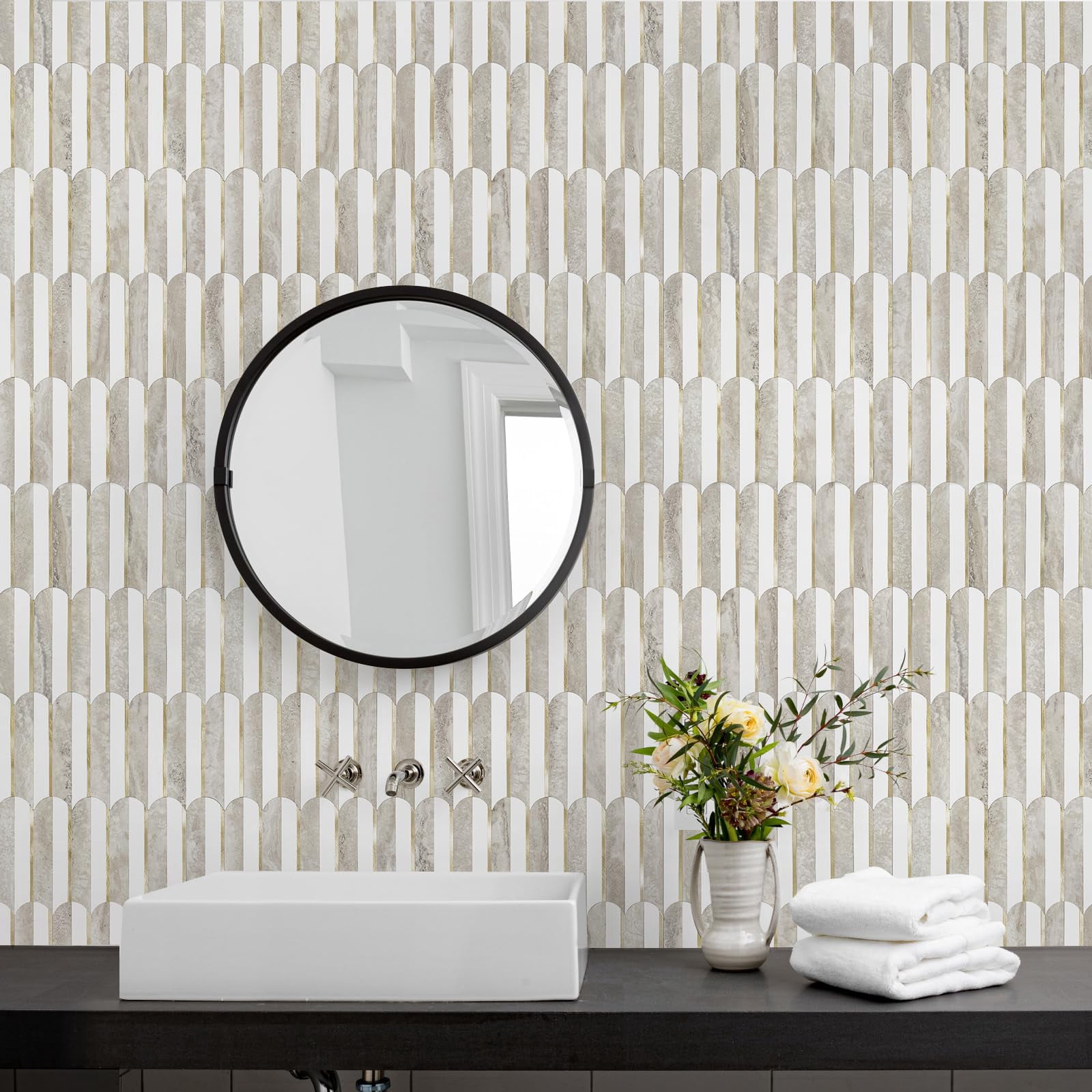Vamos Peel And Stick Backsplash Seamless Tile For Kitchen Bathroom White Beige Slate Pvc Mixed Light Self Adhesive Fish Scale Metal Mosaic Tiles (10 Sheets)