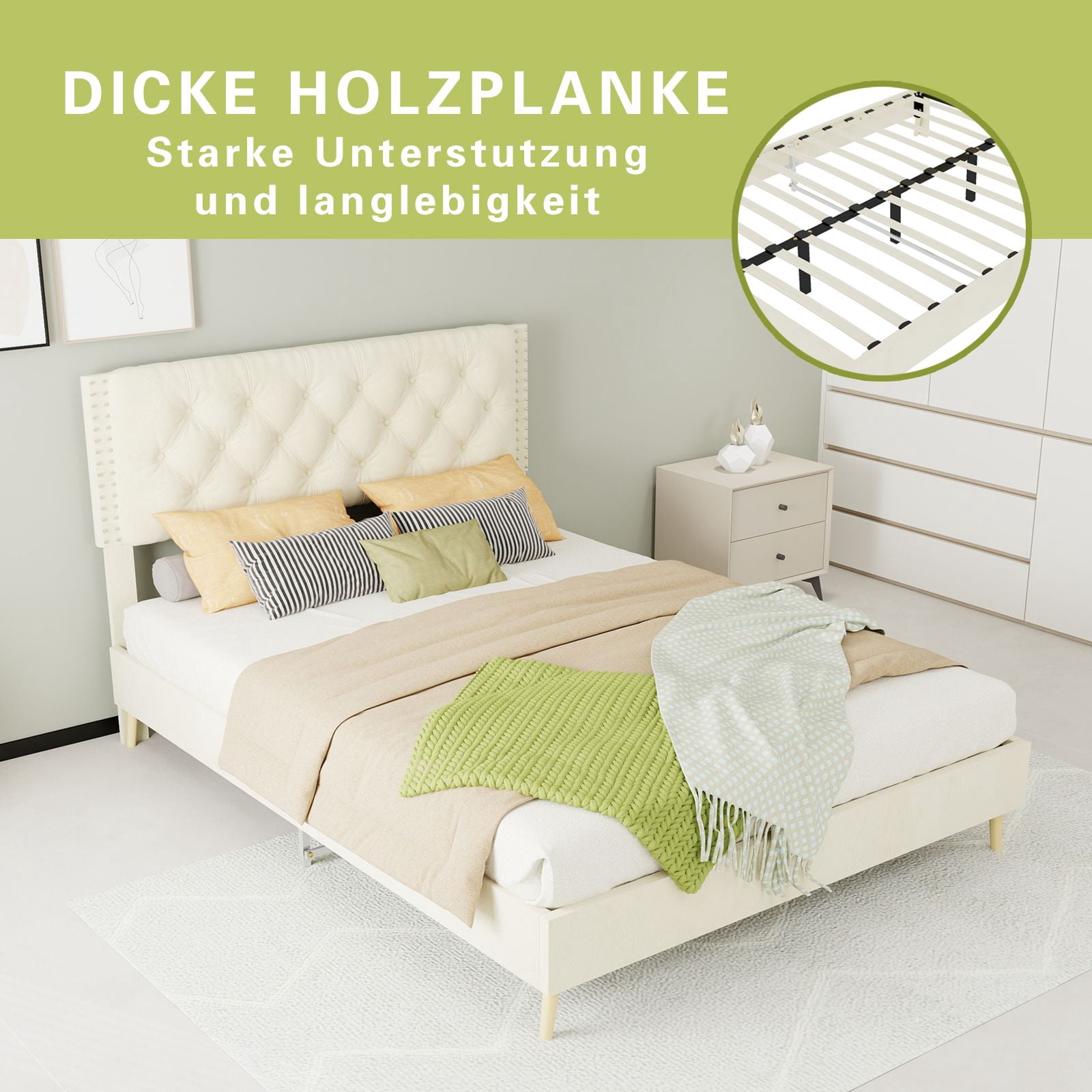 Alvantor Full Size Upholstered Bed Frame with Padded Headboard, Holland Velvet Tufted Beige