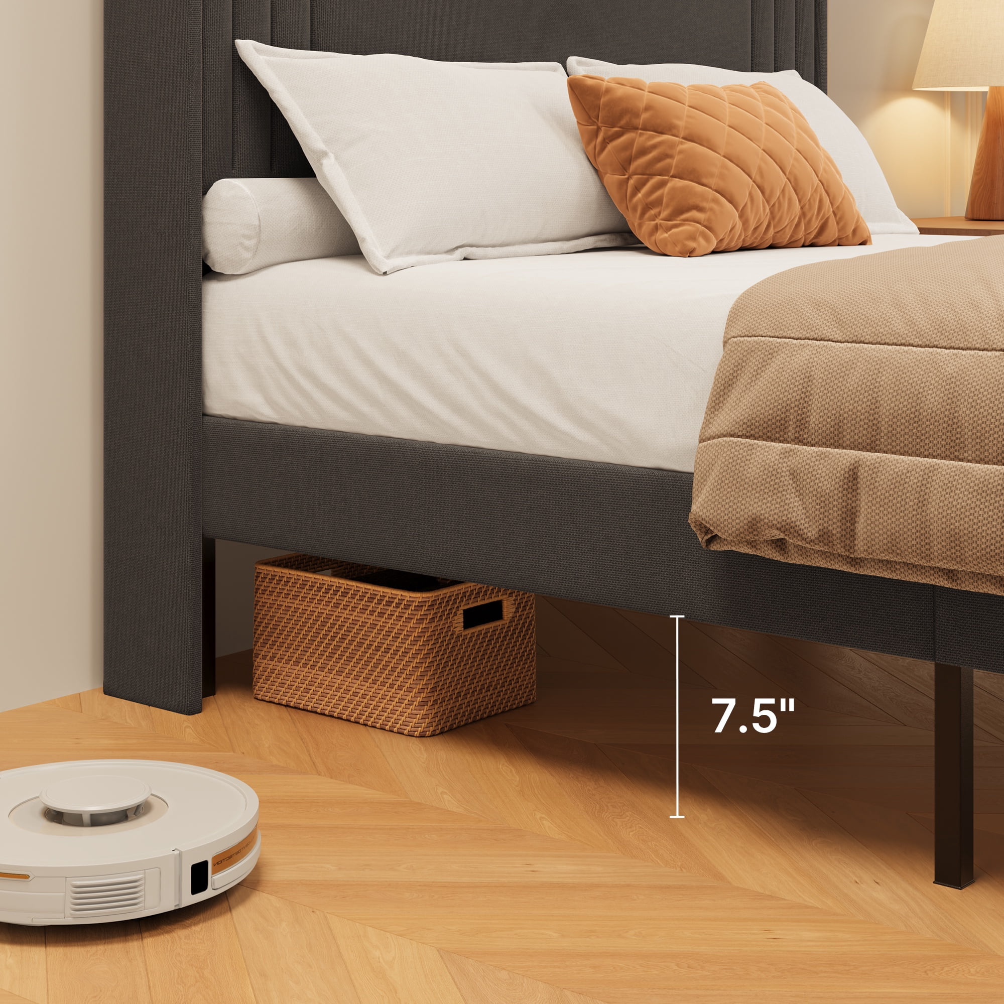 Asofer Full Bed Frame w/Upholstered Wingback, Wood Slats, Charging Station & LED Lights, Dark Gray