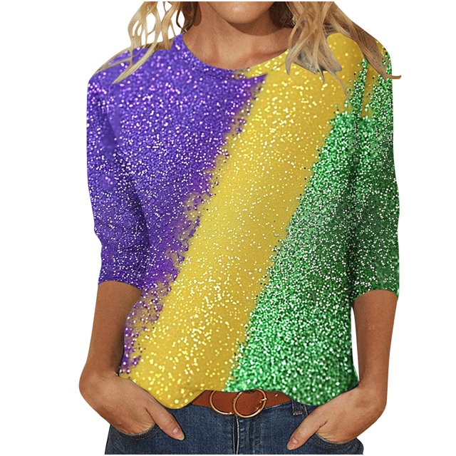 Penkiiy 2024 Chemise Manches 3/4 Mardi Gras Blouse Fantaisie Femme Imprimé Masque de Carnaval Tunique Thème Fête Col Rond T-Shirt TG Multicolore