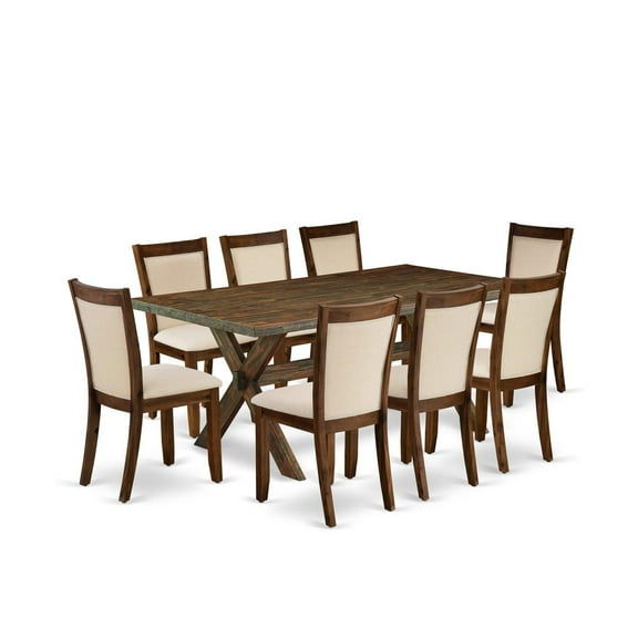 East West Furniture 9-Pc Kitchen Table Set Includes a Wooden Dining Table and 8 Light Beige Linen Fabric Mid Century Dining Chairs with Stylish Back - Distressed Jacobean Finish