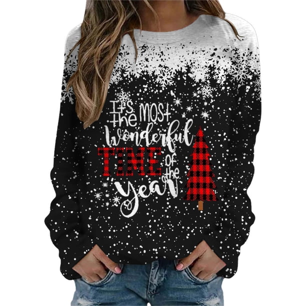 Sudadera de moda Gibobby con capucha de Manga larga cuello redondo estampado de nieve navideño para mujer Negro S