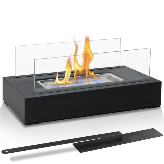 Behome 14” Firepit Desk Top, Stainless Steel Rectangle Fire Pit, Fire Bowl with Glass Wind Guard, Black