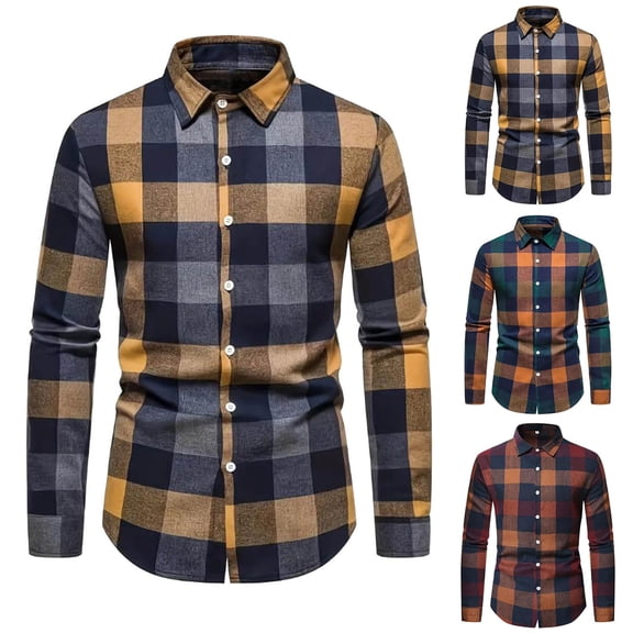Hinvhai Men's Plaid Button Down Shirts Cotton Long Sleeve Dress Shirts Regular Fit Gingham Shirts Yellow 10(XL)