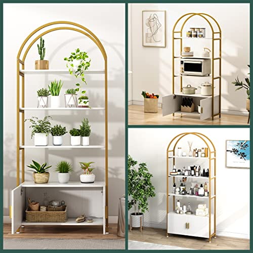 Saudism Arched Bookshelf, Gold Bookcase with Doors Storage, 71" Tall