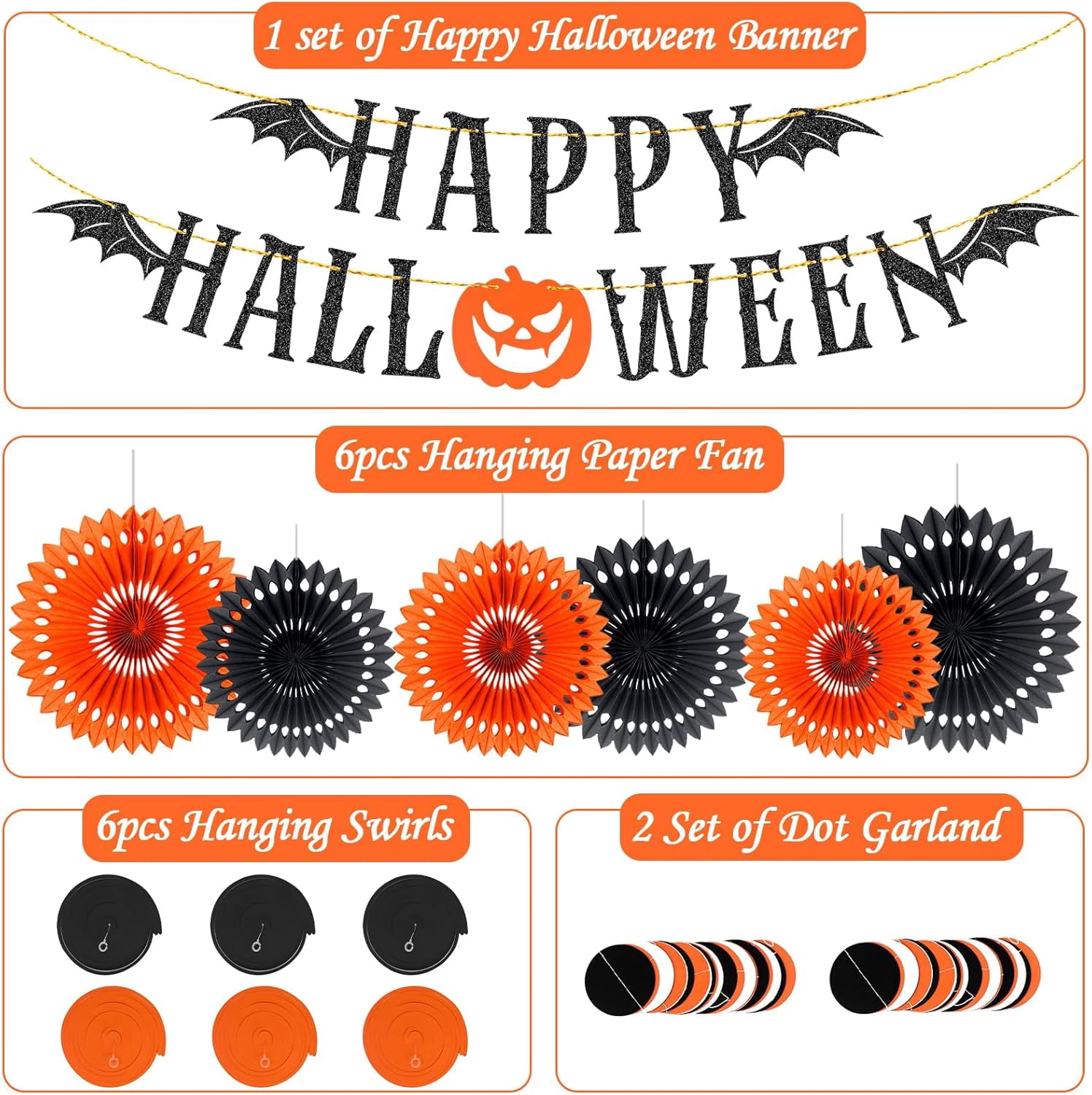 Happy Halloween Banner Dekoration-Set – Orange-schwarz Mit Wabenbällen, Girlanden & Streamern Für Gruselparty