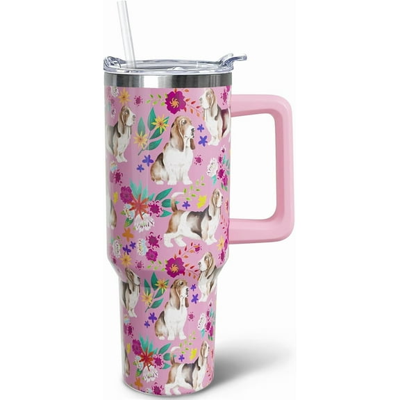40 oz Basset Hound Tumbler with Handle, Insulated Stainless Dog Tumbler Coffee Travel Mugs Cup Water Bottle Basset Hound Lovers Gifts for Women Girls