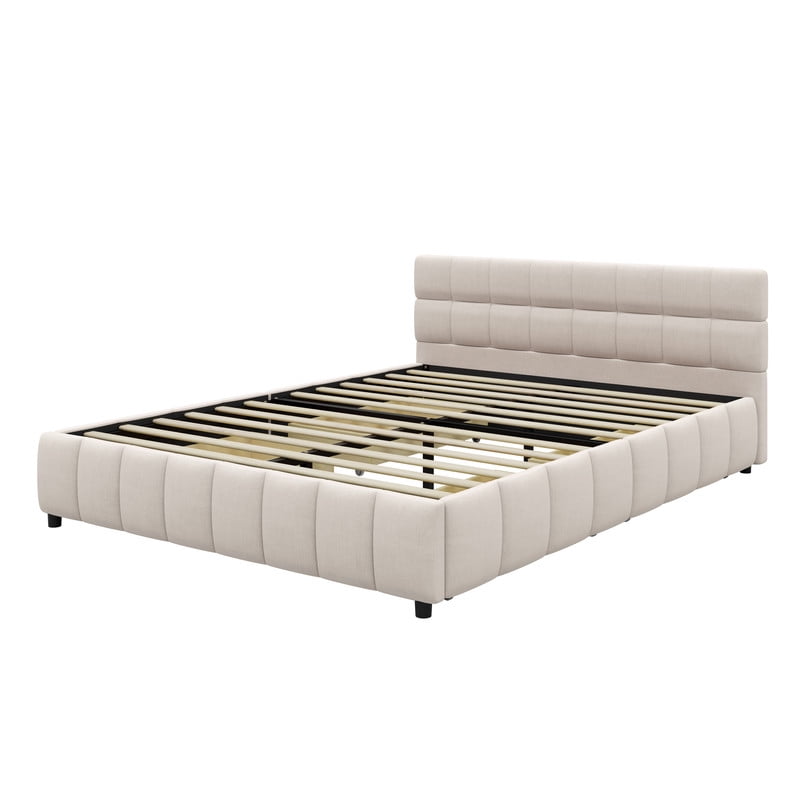 Queen Size Low Profile Platform Bed with Tufted Headboard, Linen Fabric Padded Storage Upholstered Bed Frame with 4 Drawers