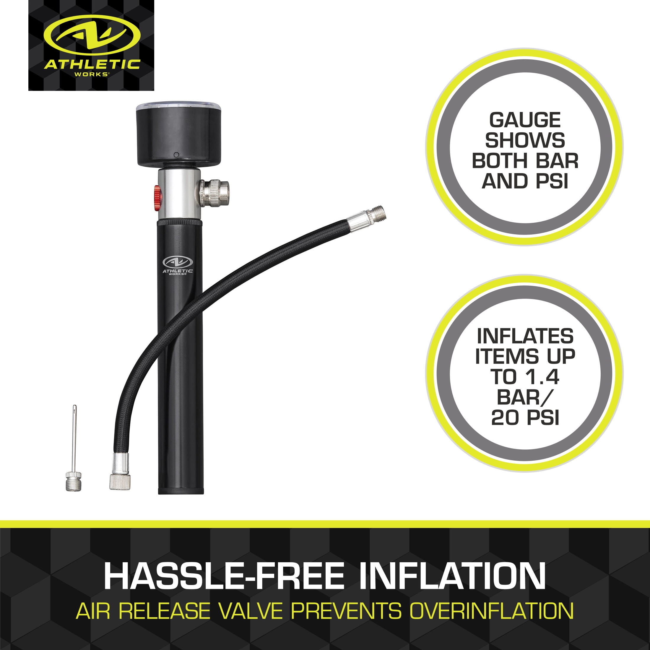 Athletic Works Sports Ball Pump with Pressure Gauge, Hose & Needle, Quick & Easy Inflation