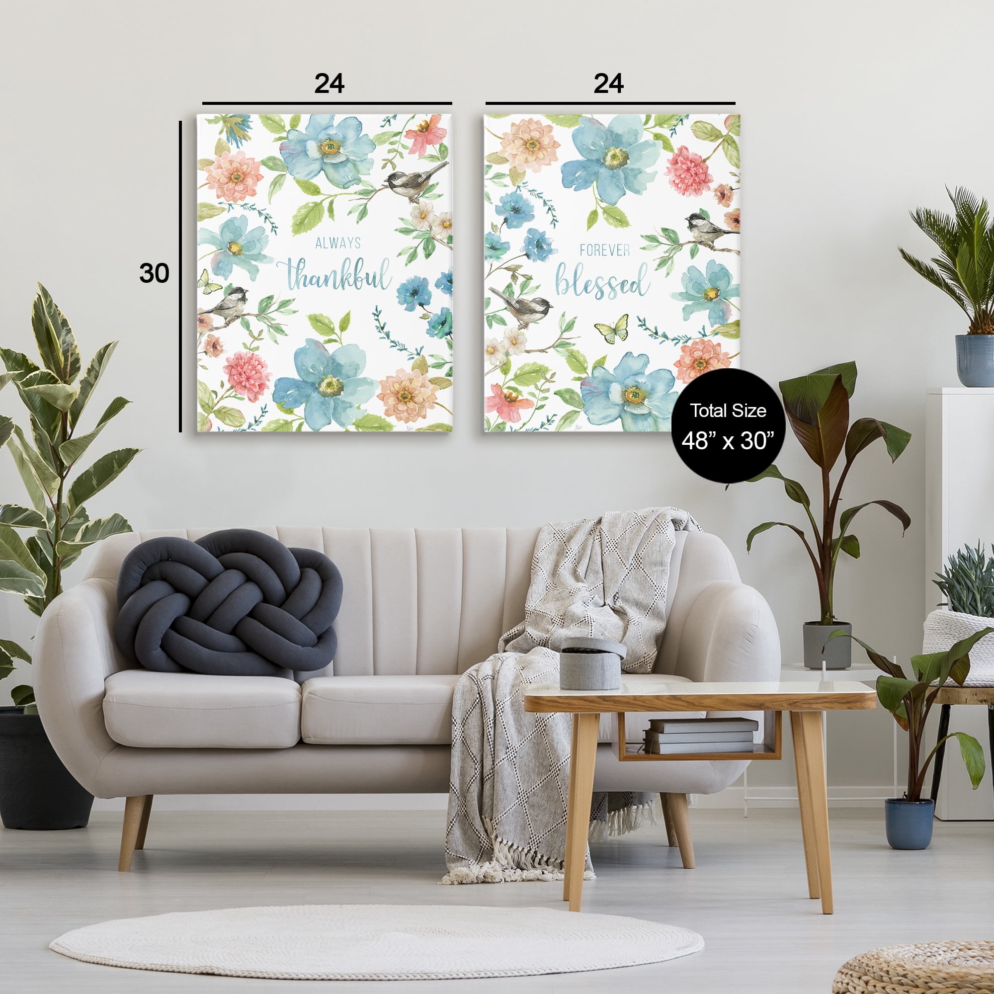 Stupell Industries Pink & Blue Gratitude Blooms 2 Piece Canvas Wall Art Set, design by Nan