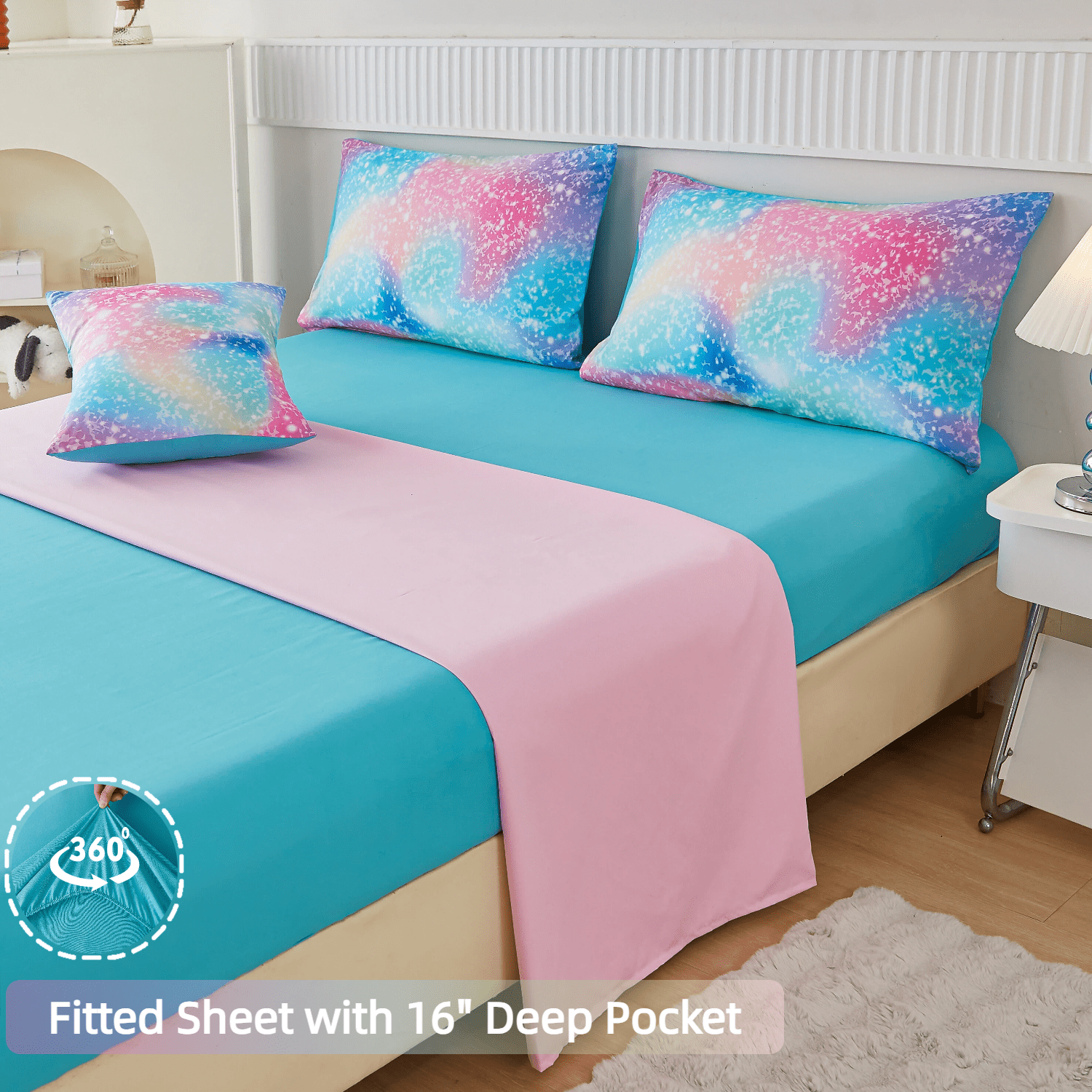 PERFEMET Kids Twin Comforter Set 6-Piece Rainbow  Bedding Set for Girls Teal Pink Galaxy Glitter Star Bed in a Bag for All Season(Rainbow,Twin)