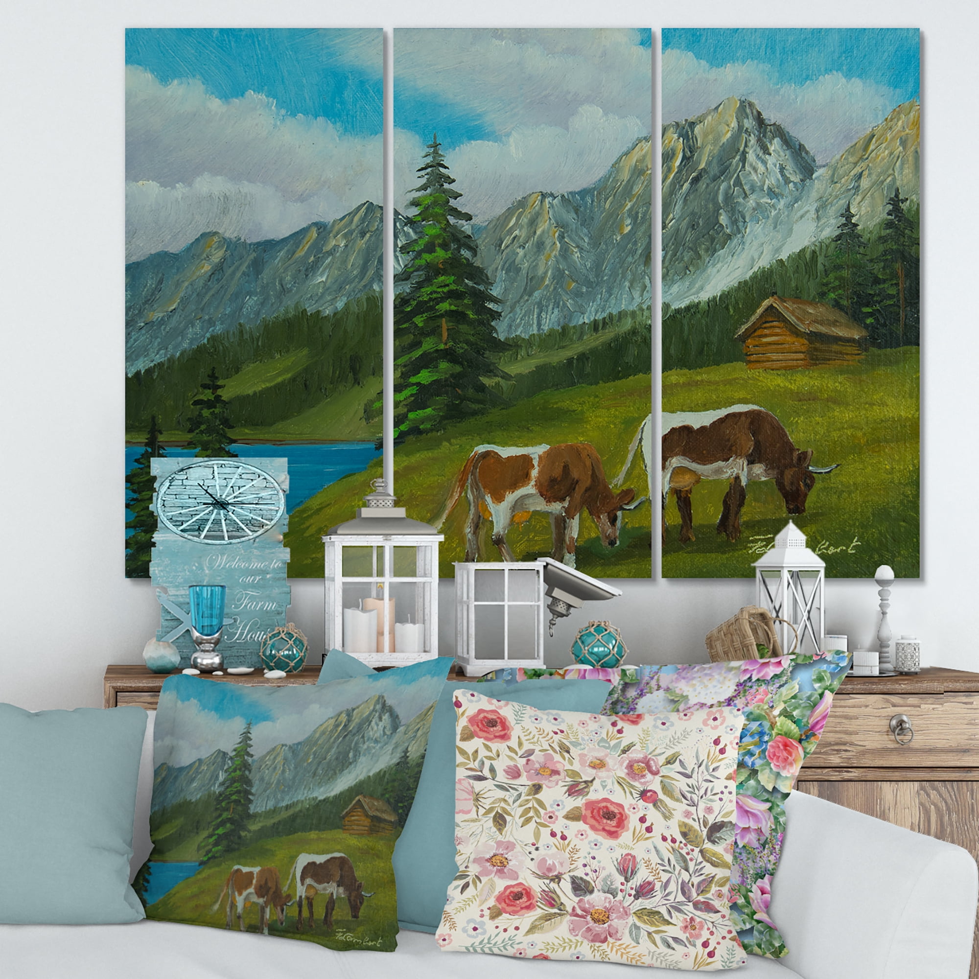 Designart ' Cows On A Green Meadow With Mountain Landscape With ' Farmhouse Canvas Wall Art Print