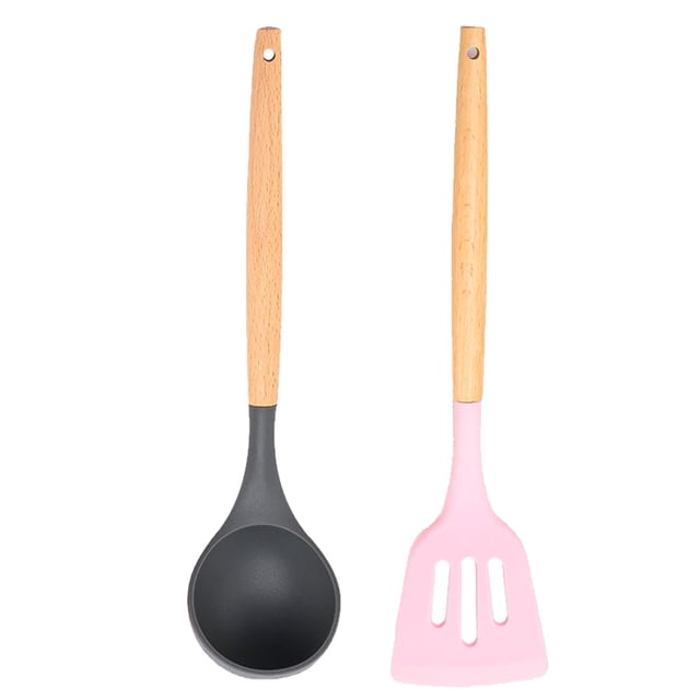 Utensilios de cocina del silicón, sistema del utensilio de cocina de 2 piezas, utensilios de cocina de madera fáciles de limpiar