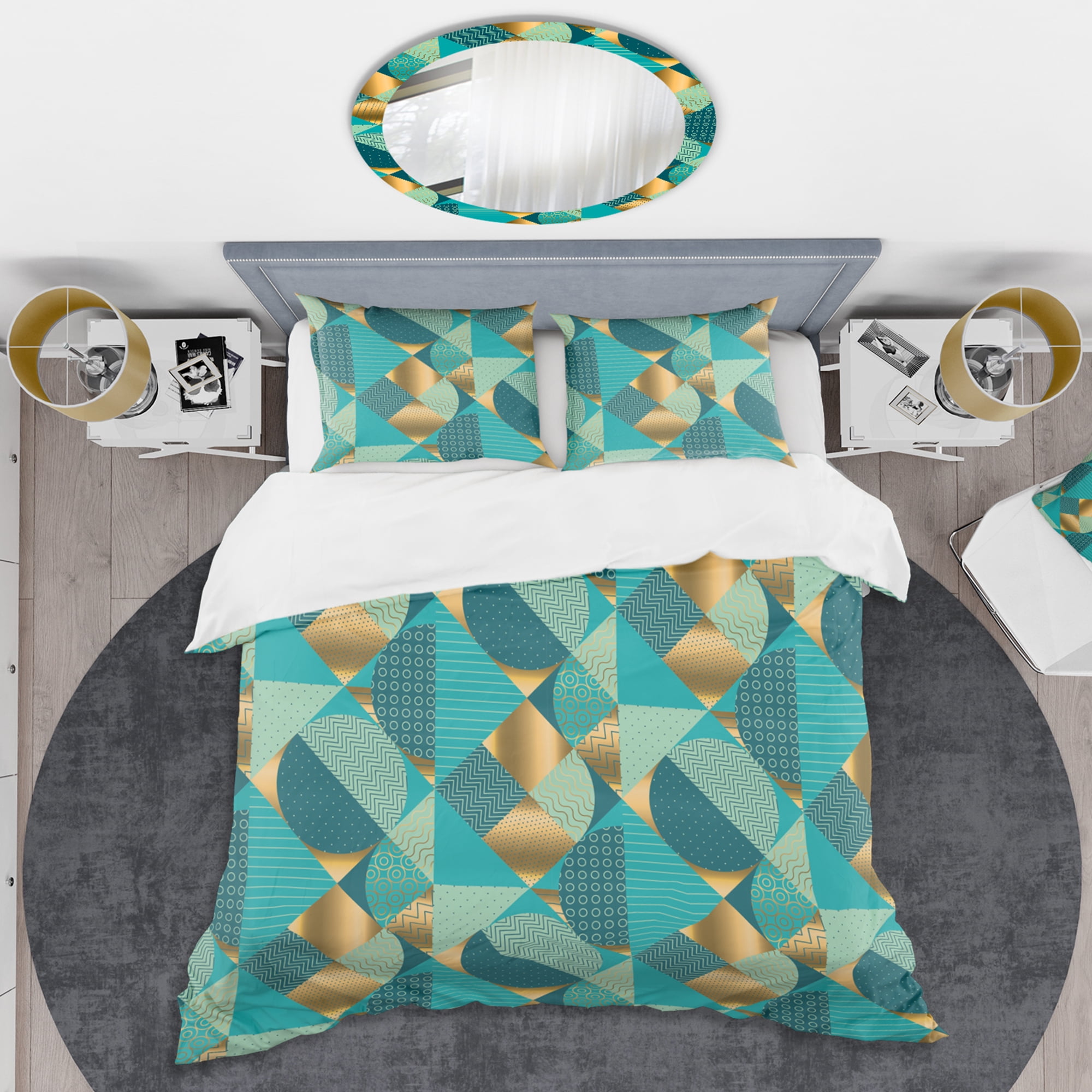 Designart 'Gold and Blue Dynamics II' Mid-Century Modern Duvet Cover Set