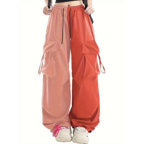 Sevevn Women's Lightweight Patchwork Cargo Joggers Color Block Streetwear Pants Drawstring Waist with Cargo Pockets Loose Fit Everyday Casual Outfits