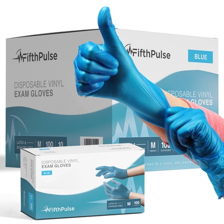 Fifth Pulse Vinyl Gloves, Multifunction Medical Grade Exam, Kitchen Gloves, All-Purpose Industrial Disposable Gloves Latex Free, Powder Free - Blue - 10 Boxes of 100 Gloves- 1000 Total (Medium)
