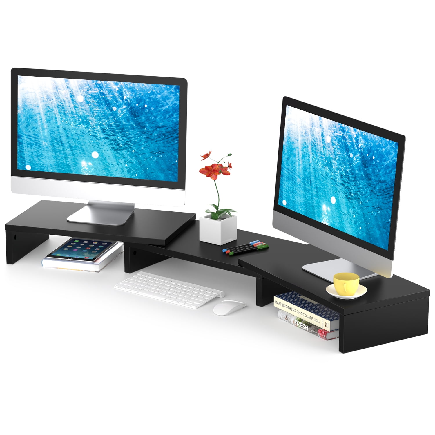 RTVR Dual Monitor Stand Riser Office Desktop Organizer Stand for 2 Monitors, Adjustable Length & Angle 3 Shelf Extra Long for TV Computer Laptop Black