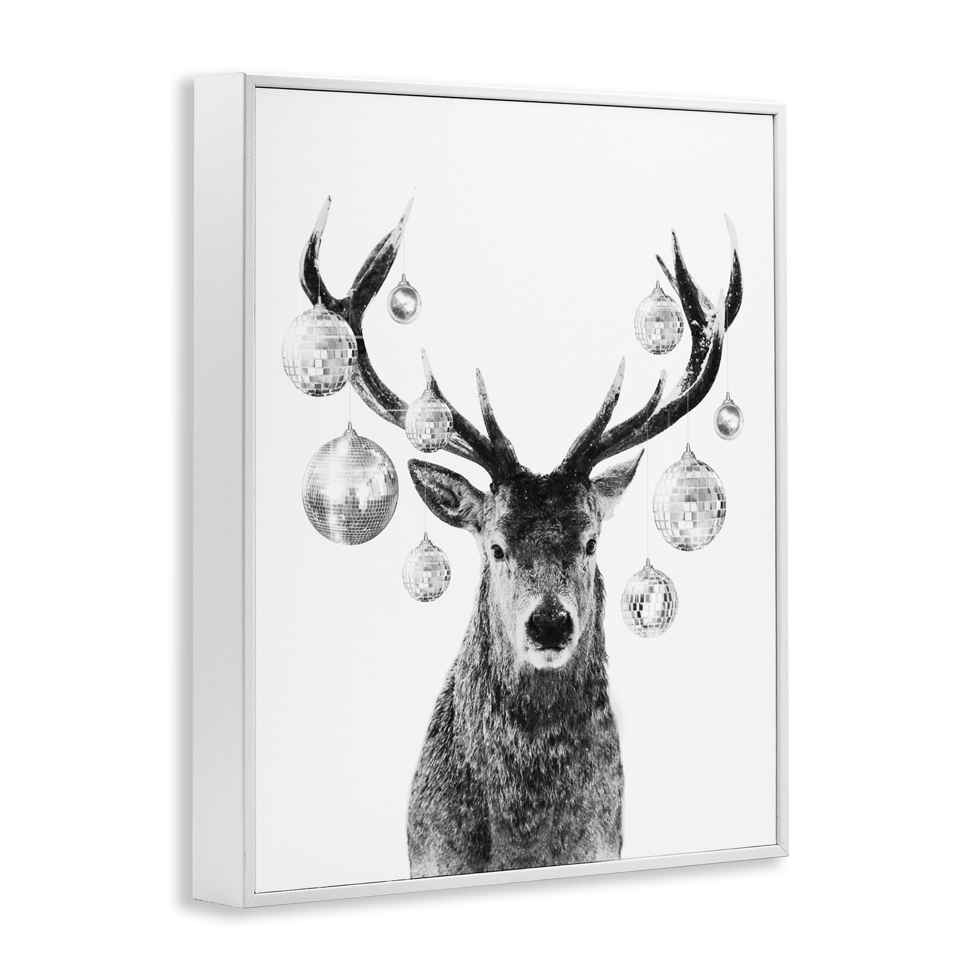 Stupell Industries Deer with Disco Balls Animals & Insects Painting White Framed Art Print Wall Art, 16 x 20