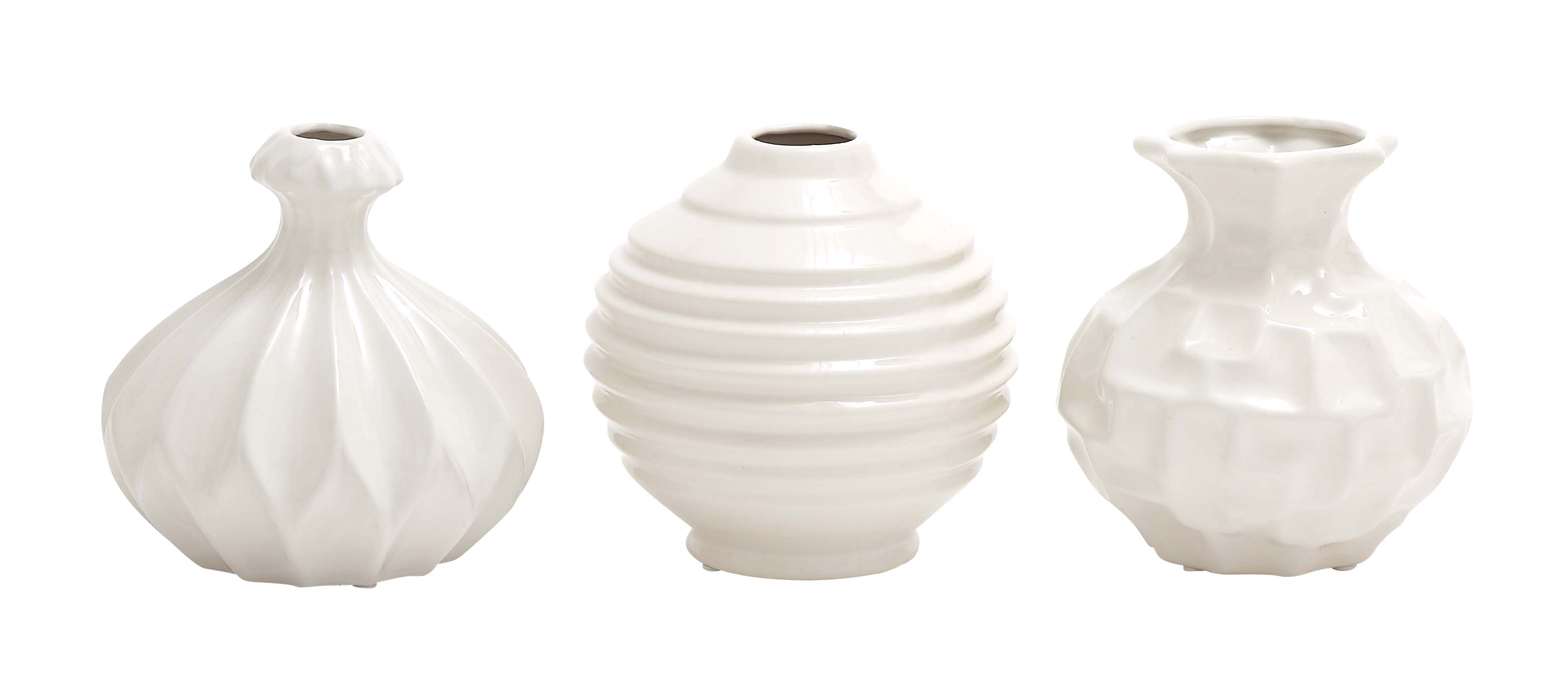 Decmode Modern 6 Inch Sculpted Design Ceramic Vases, White Set of 3