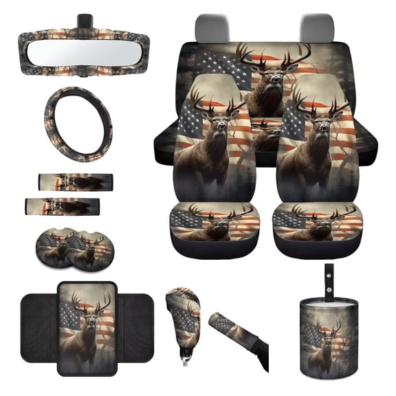 LedBack Universal Car Interior Seat Cover Set Deer American Flag Print Car Front Rear Seat Covers Steering Wheel Cover Armrest Cushion Safety Belt Pads Garbage Bag for SUV Truck Sedan