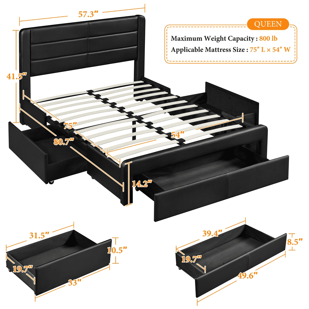 Renwick Upholstered Platform Full Bed with 3 Storage Drawers and Built-in USB Ports for Adults, Black