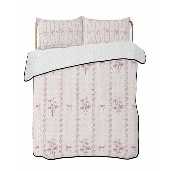 Quilts Twin-XL Size Bedding Set, Pink Floral Lightweight Quilted Comforter, Spring Watercolor Flowers Leaf Bows Beige Soft Reversible Bedspread Coverlet with Pillow Covers for All Season, 68" x 98"