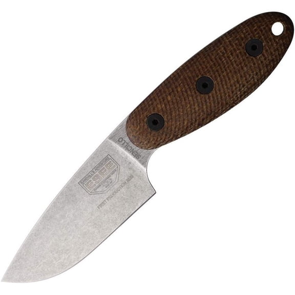ESEE Knives Sencillo 3D Fixed Blade Knife 3" Drop Point A2 Stonewashed Blade Burlap Micarta Handle Brown