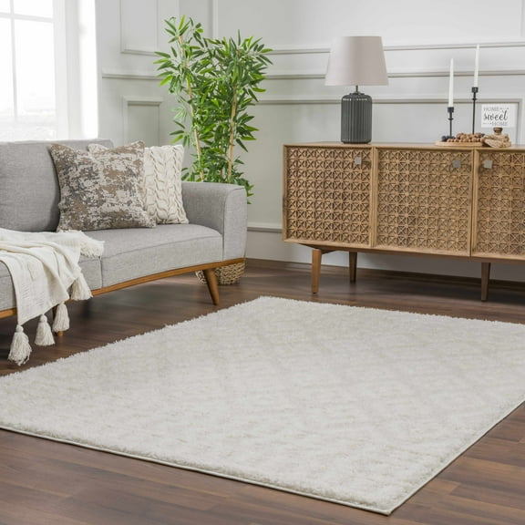 Hauteloom Tilos Moroccan Farmhouse Living Room Bedroom Nursery Shag Area Rug - Shaggy Carpet - Trellis Pattern - High Plush Pile - Cream, Pink, Beige - 5'3" x 7'
