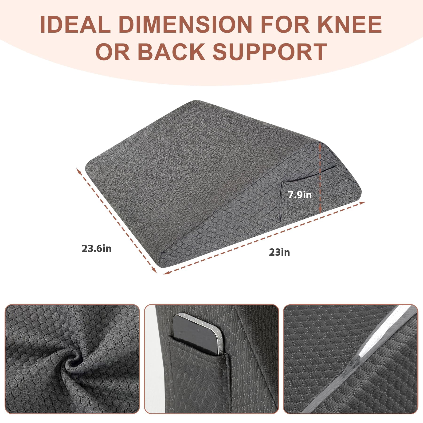 Wedge Pillow  Memory Foam Leg Bed For Sleeping Triangle Support Elevation Knees (23.6" X 23" 7.9" Large Size Black)