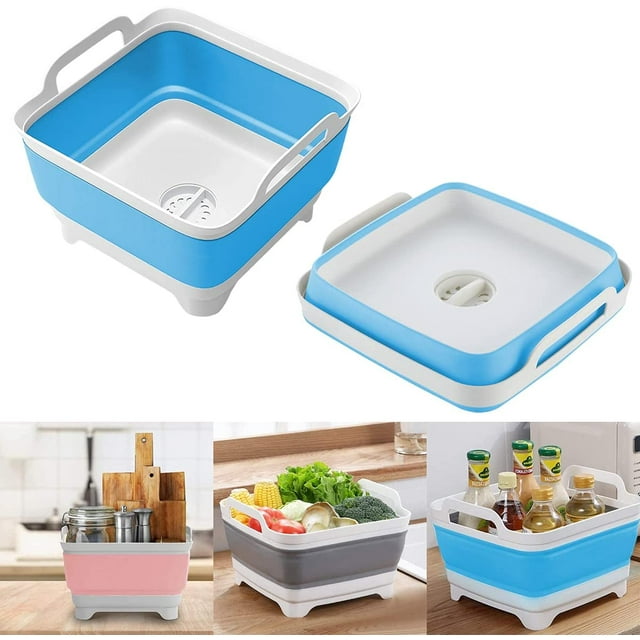 9L Collapsible Sink Multifunction Square Wash Dish Cleaning Vegetable Fruit Basket Laundry Kitchen Drain Stopper Portable Storage Basin (Blue)
