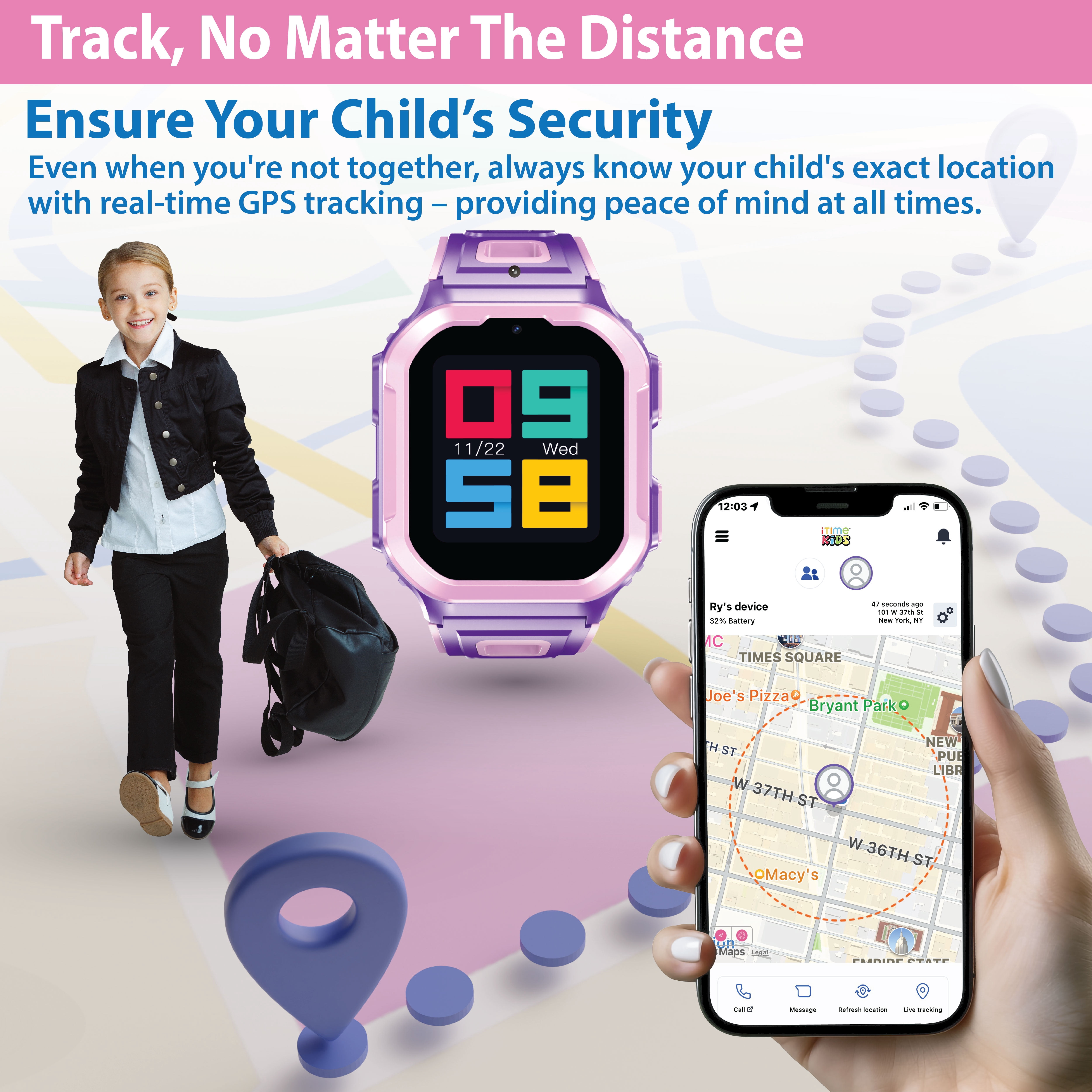 Hello Kitty iTime 4G Kid's Smart Watch with Calling, Messaging, GPS Tracking, & Secure Monitoring, No SIM Card, Purple