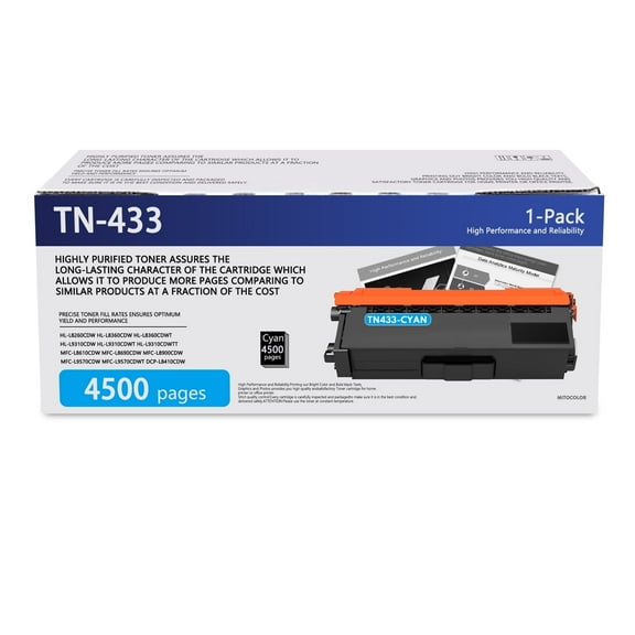 TN433 TN-433 High Yield Toner Cartridge 1 Pack Cyan Compatible for Brother HL-L8260CDW L8360CDW MFC-L8900CDW L9570CDW Printer Cartridge