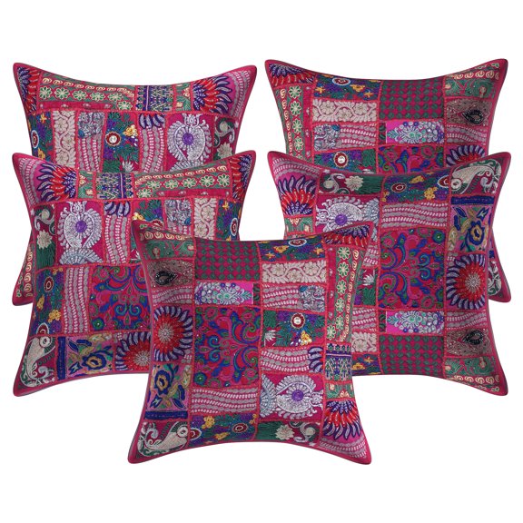Stylo Culture Ethnic Cotton Living Room Throw Pillow Covers Dark Pink 20 x 20 Bohemian Vintage Patchwork Ethnic Sofa Cushion Covers 50x50 cm Decorative Abstract Square Pillow Cases | Set Of 5