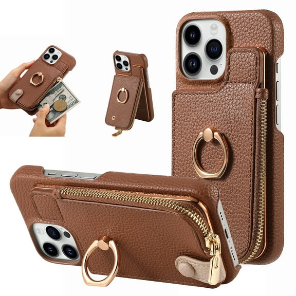 SaniMore for iPhone 15 Pro Max Case, PU Leather Zipper Purse RFID Blocking Card Slots Flip Kickstand Metal Finger Ring Magnetic Car Mount Shockproof Anti-fall Rugged Wallet Shell for Ladies Men, Brown